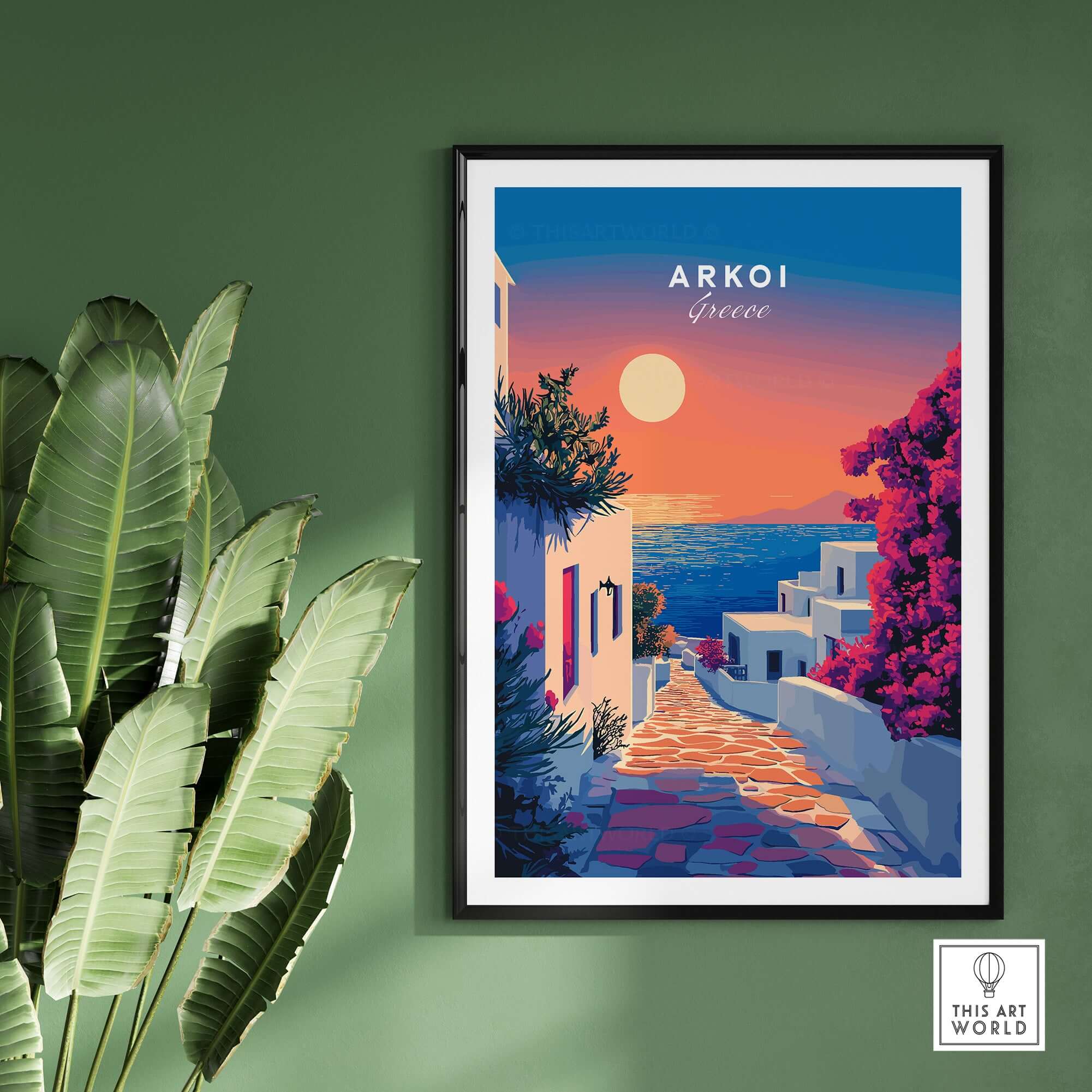 Arkoi Print Greece showcasing a vibrant sunset and serene coastal scene in a framed artwork.