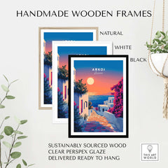 Arkoi Print Greece displayed in handmade wooden frames available in natural, white, and black options.