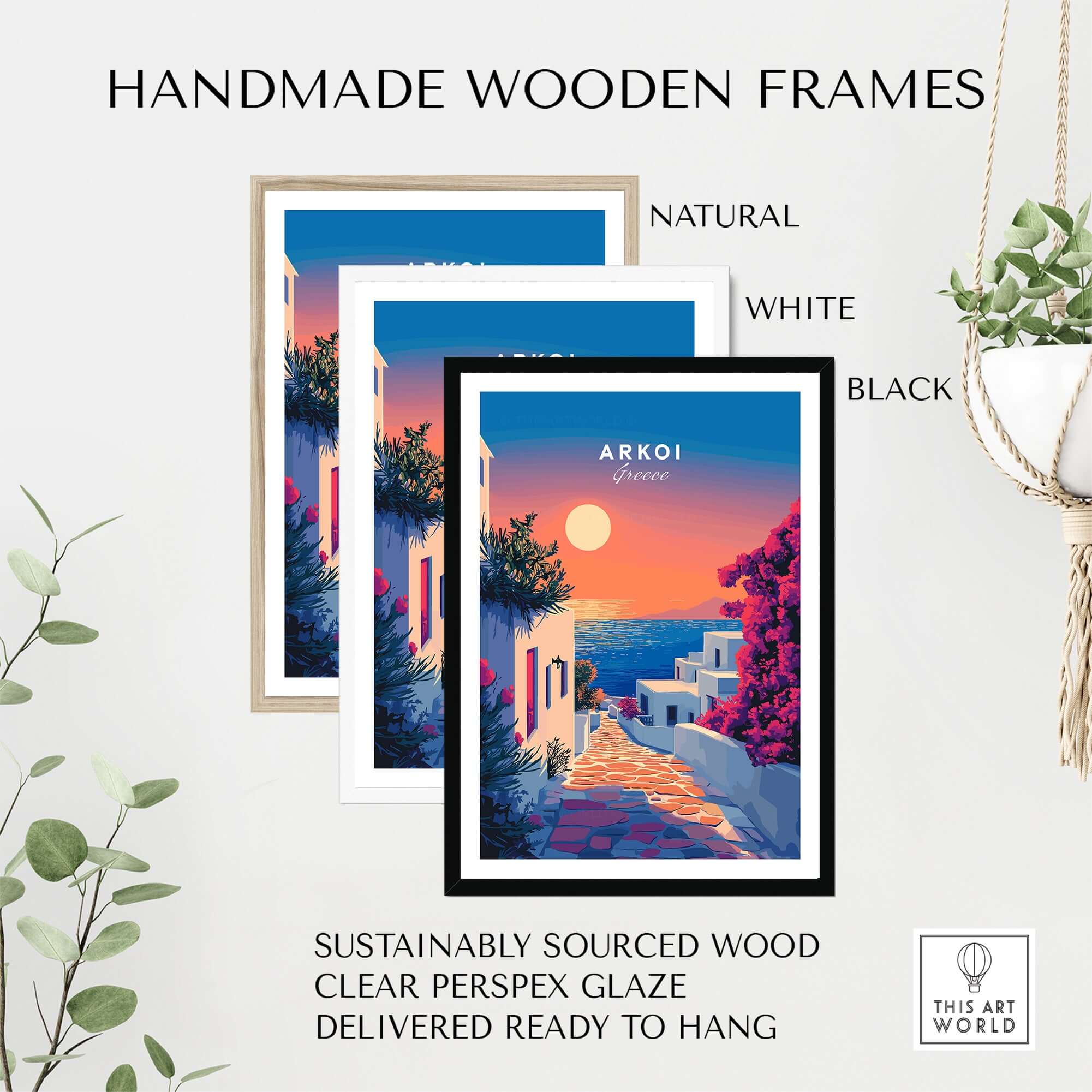 Arkoi Print Greece displayed in handmade wooden frames available in natural, white, and black options.