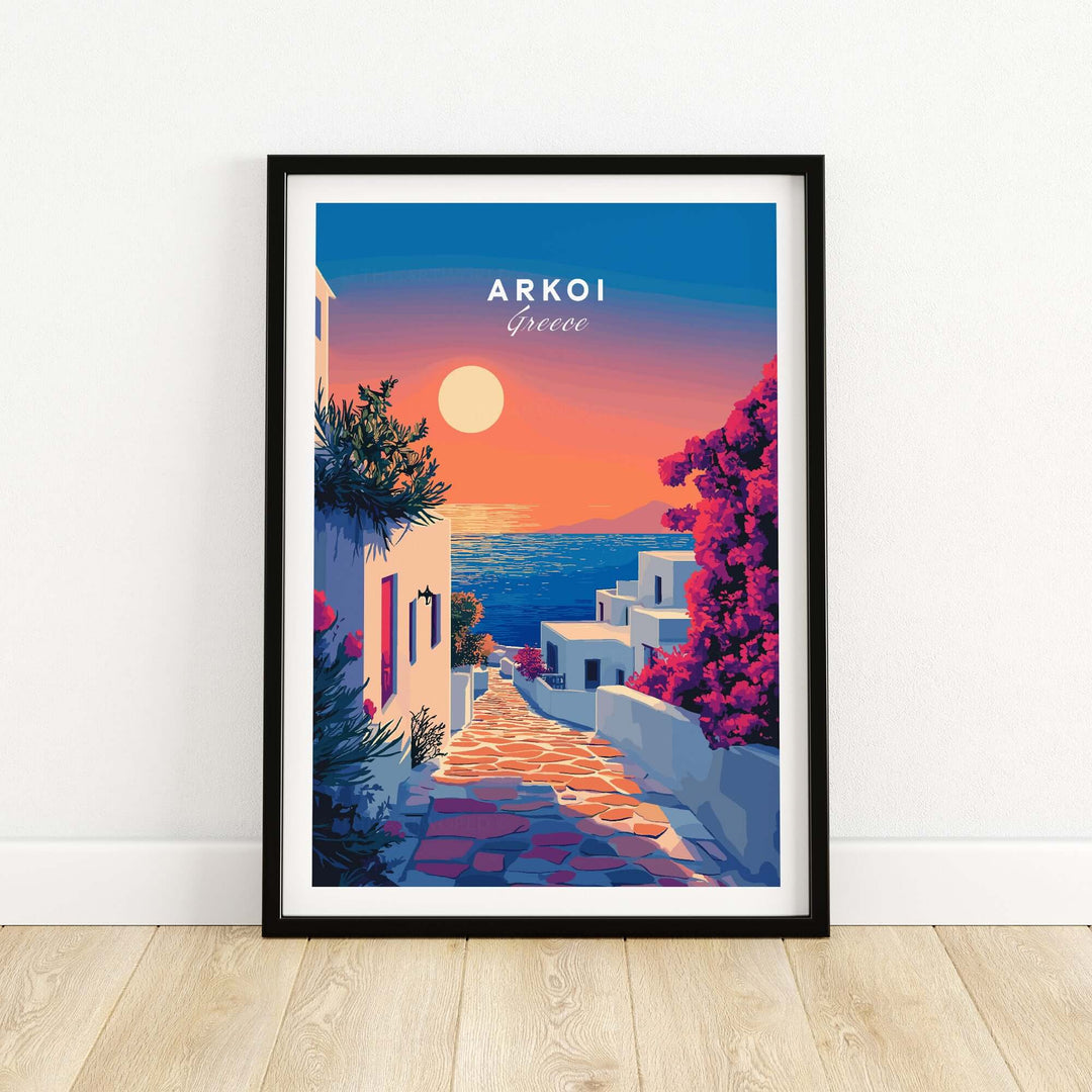 Arkoi Print of Greece showcasing a sunset view with vibrant colors and scenic architecture. Perfect for home decor.