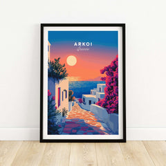 Arkoi Print Greece artwork featuring a vibrant sunset over a Greek island with colorful flowers and scenic pathways.