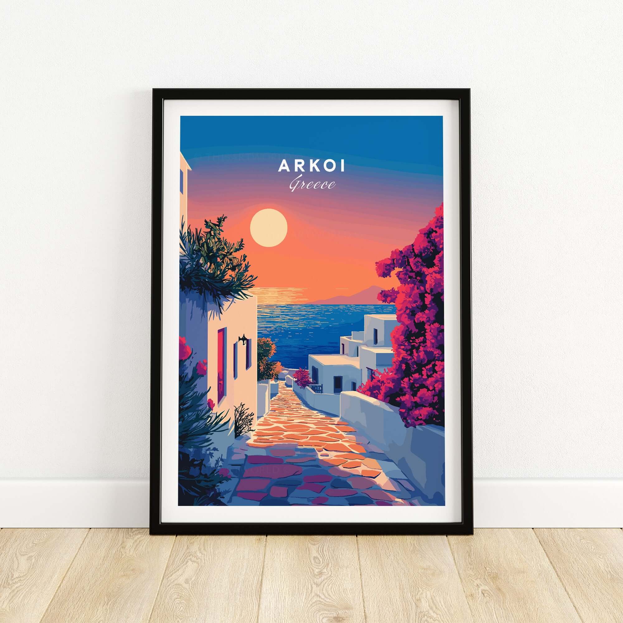 Arkoi Print Greece artwork featuring a vibrant sunset over a Greek island with colorful flowers and scenic pathways.