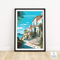 Alonissos Greece travel poster print featuring vibrant landscapes and charming architecture.