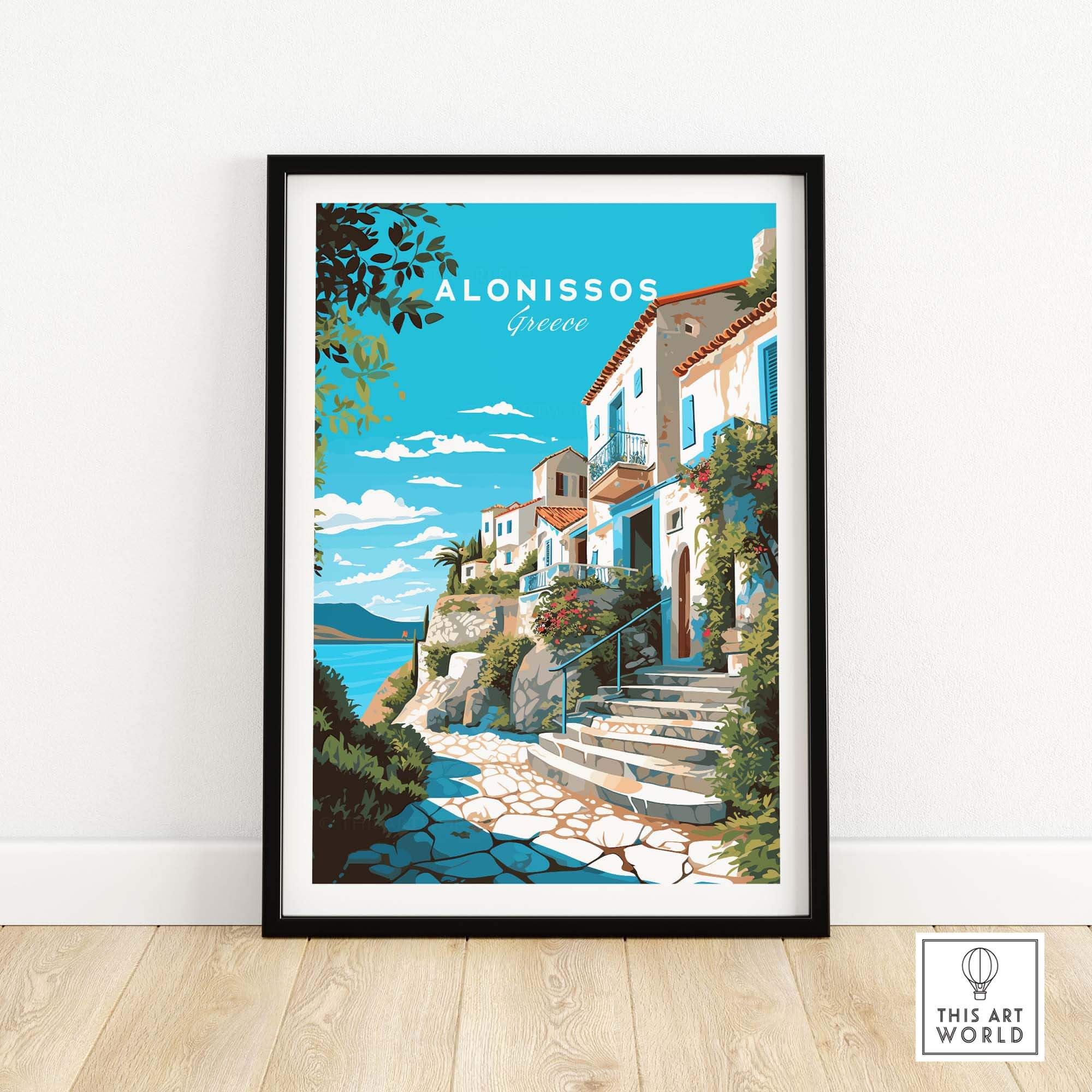 Alonissos Greece travel poster print featuring vibrant landscapes and charming architecture.