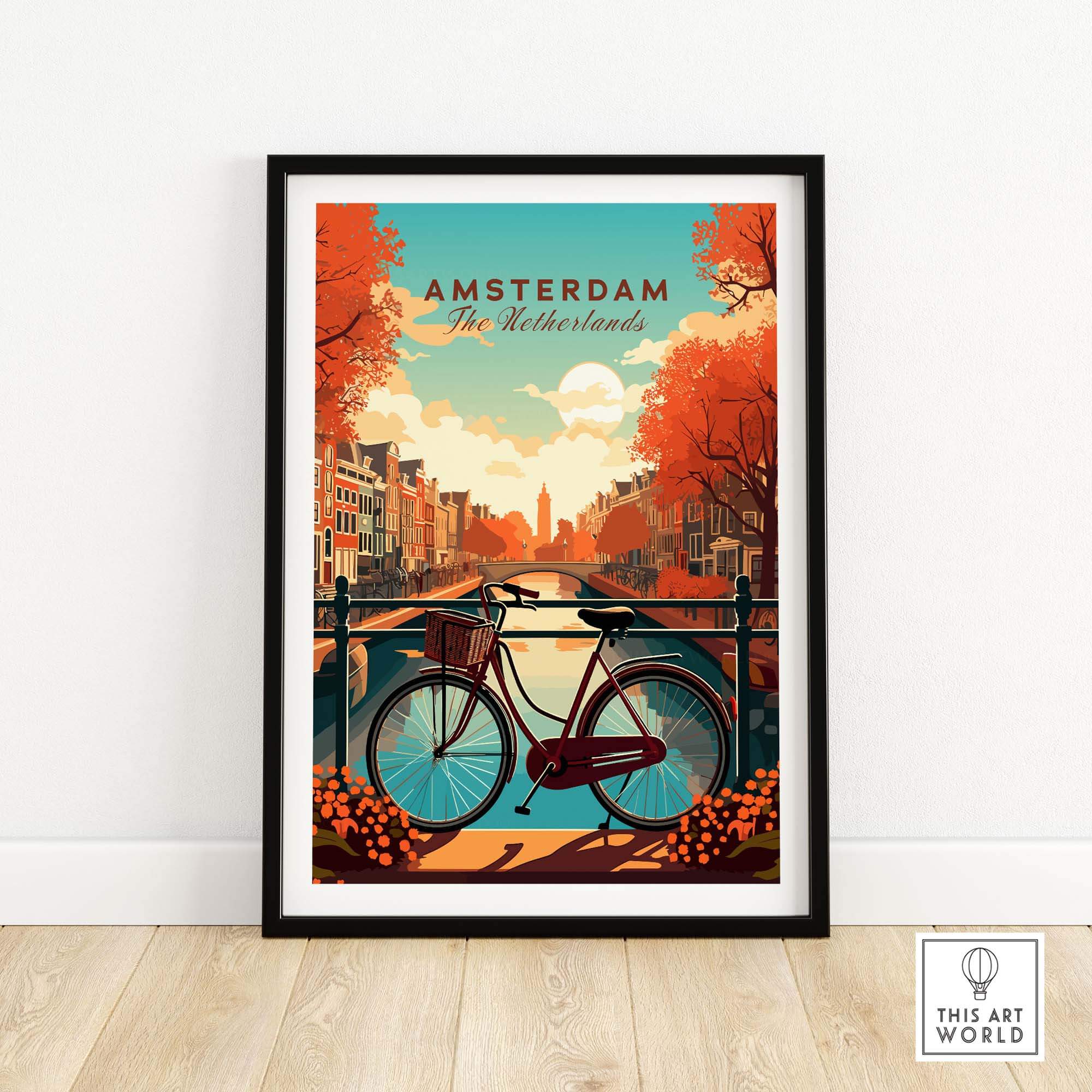 Vivid Amsterdam print featuring a bicycle by the canal at sunset, showcasing the beauty of the Netherlands.
