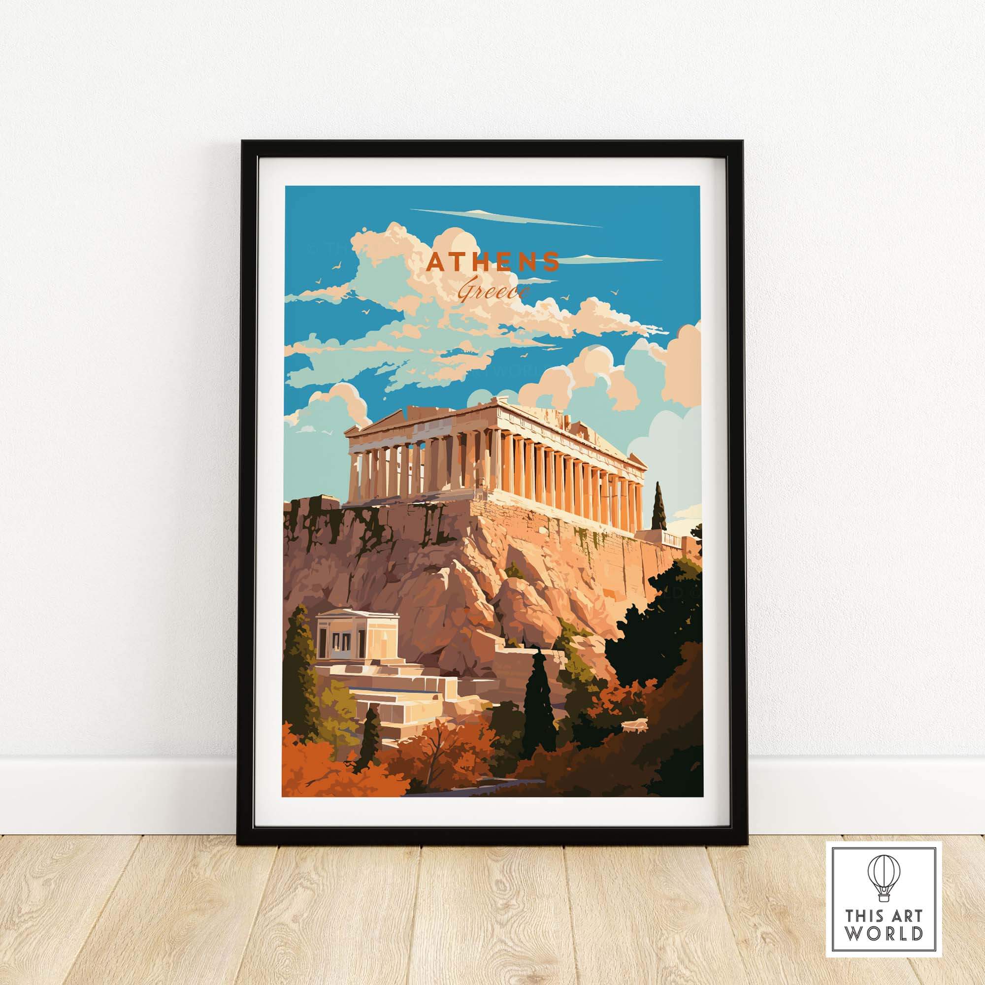 Athens Greece travel poster print featuring the Acropolis, perfect for home decor and gallery walls.