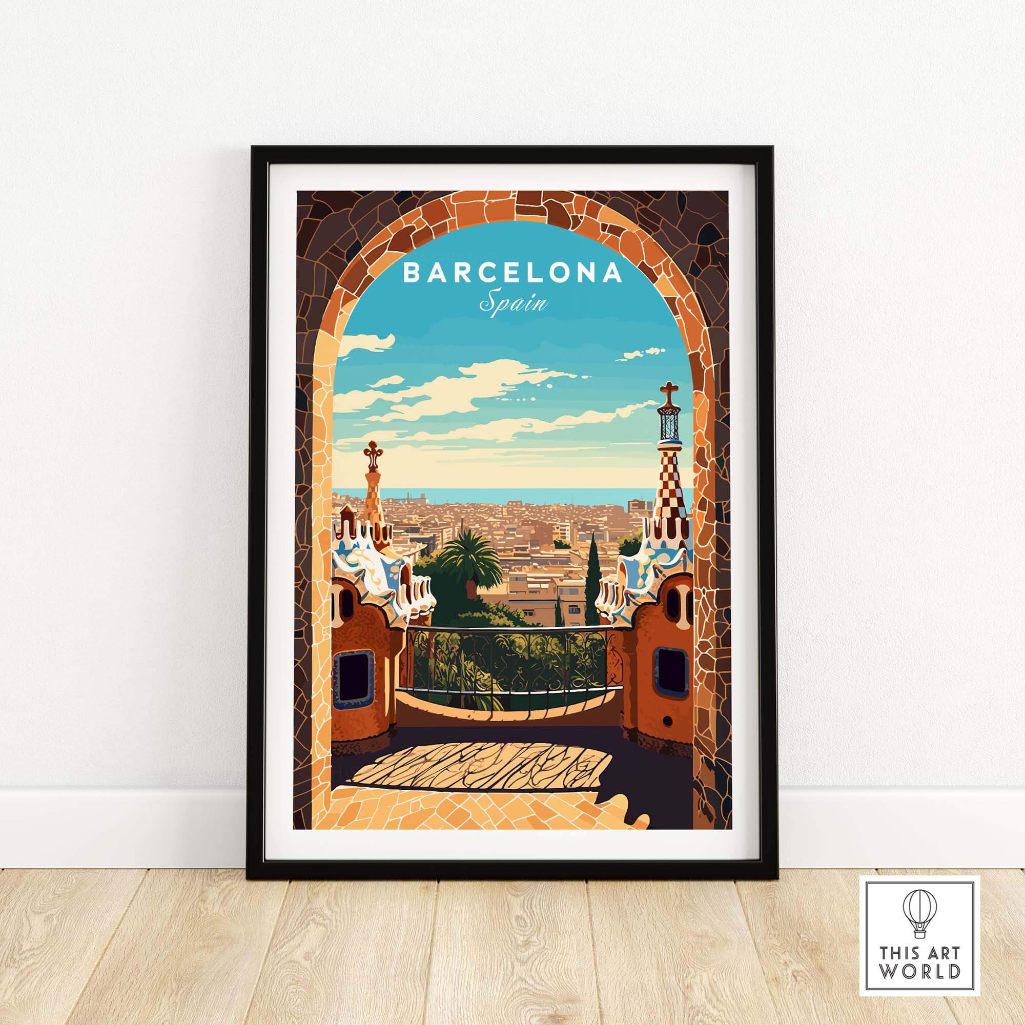 Barcelona poster featuring vibrant Park Güell scene, showcasing Gaudí's art and stunning Catalonia landscape.