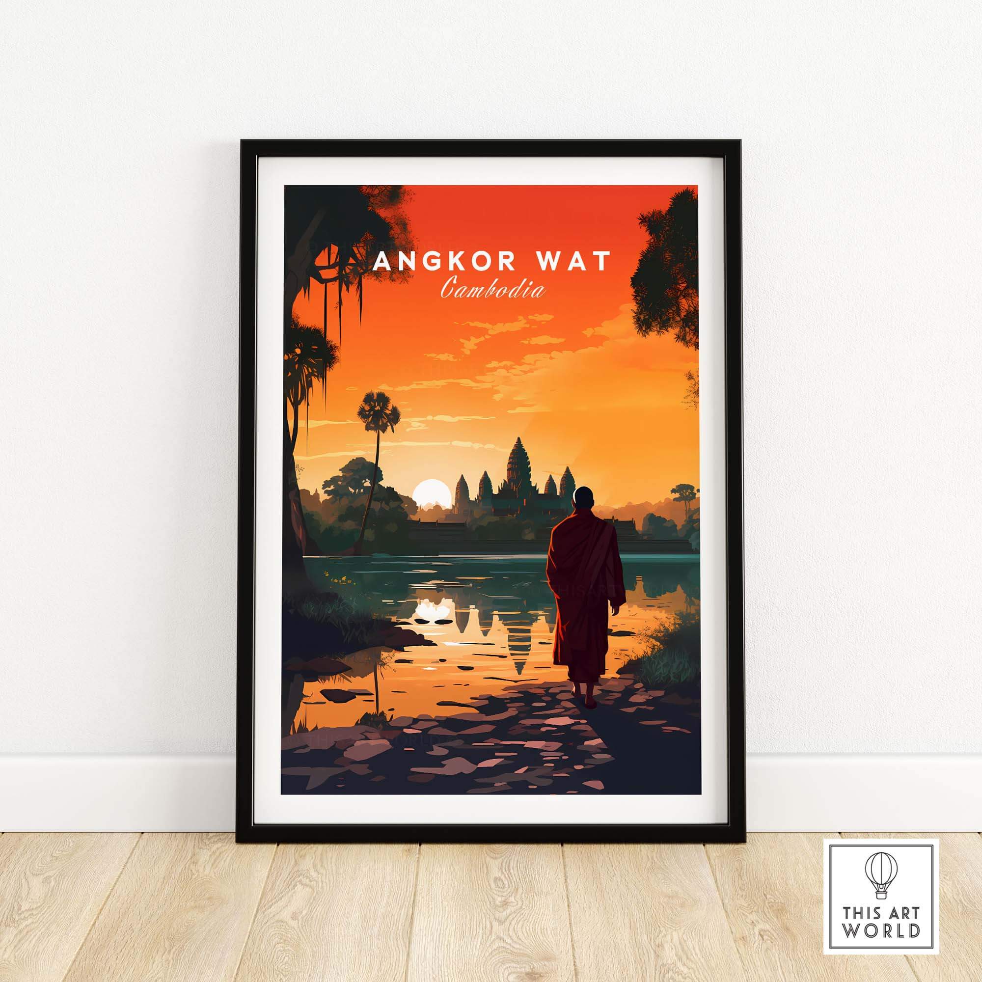 Angkor Wat wall art featuring a serene sunset and monk reflection in Cambodia, ideal for home decor and travel memories.