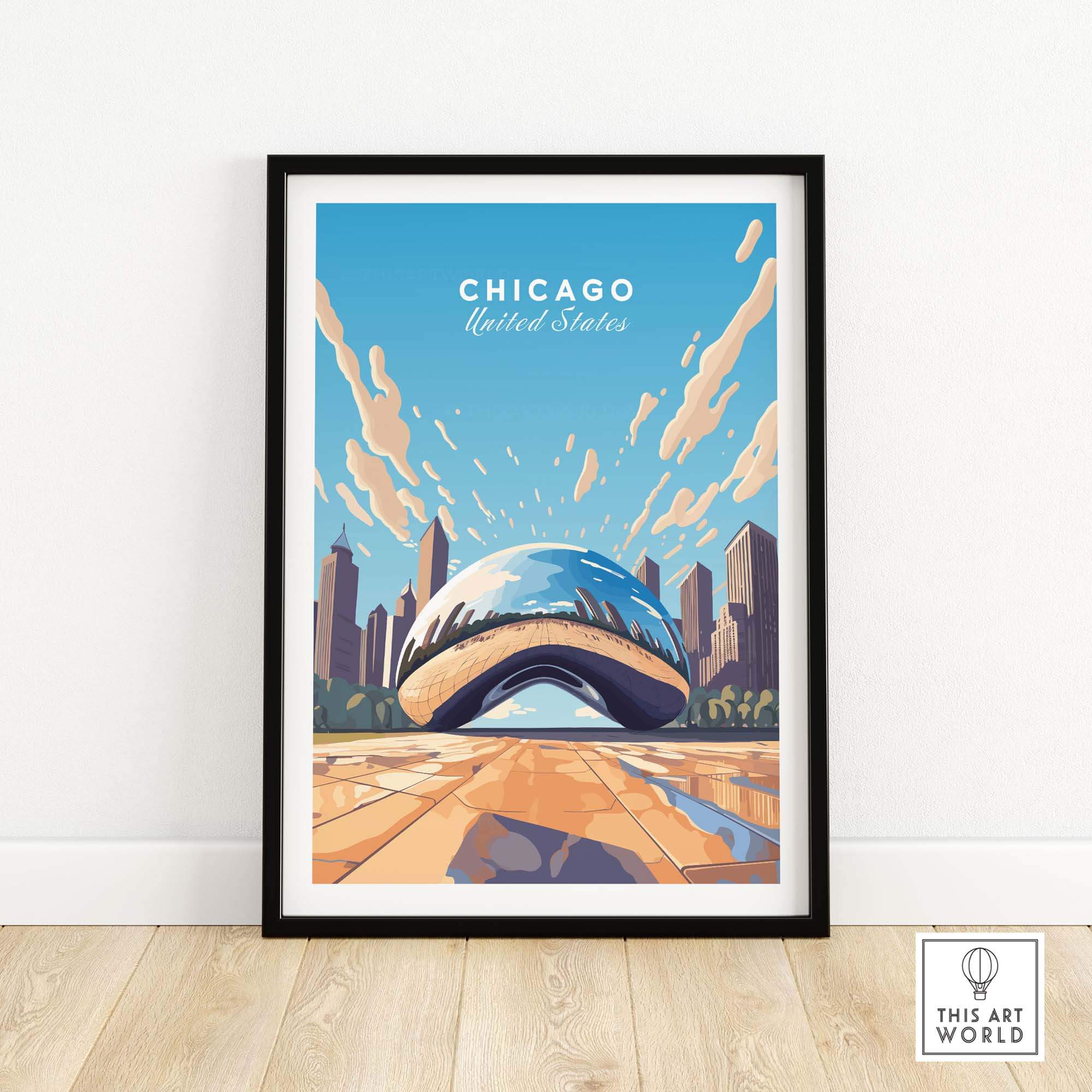 Chicago print featuring The Cloud Gate (The Bean) against a vibrant skyline, perfect for wall art lovers.