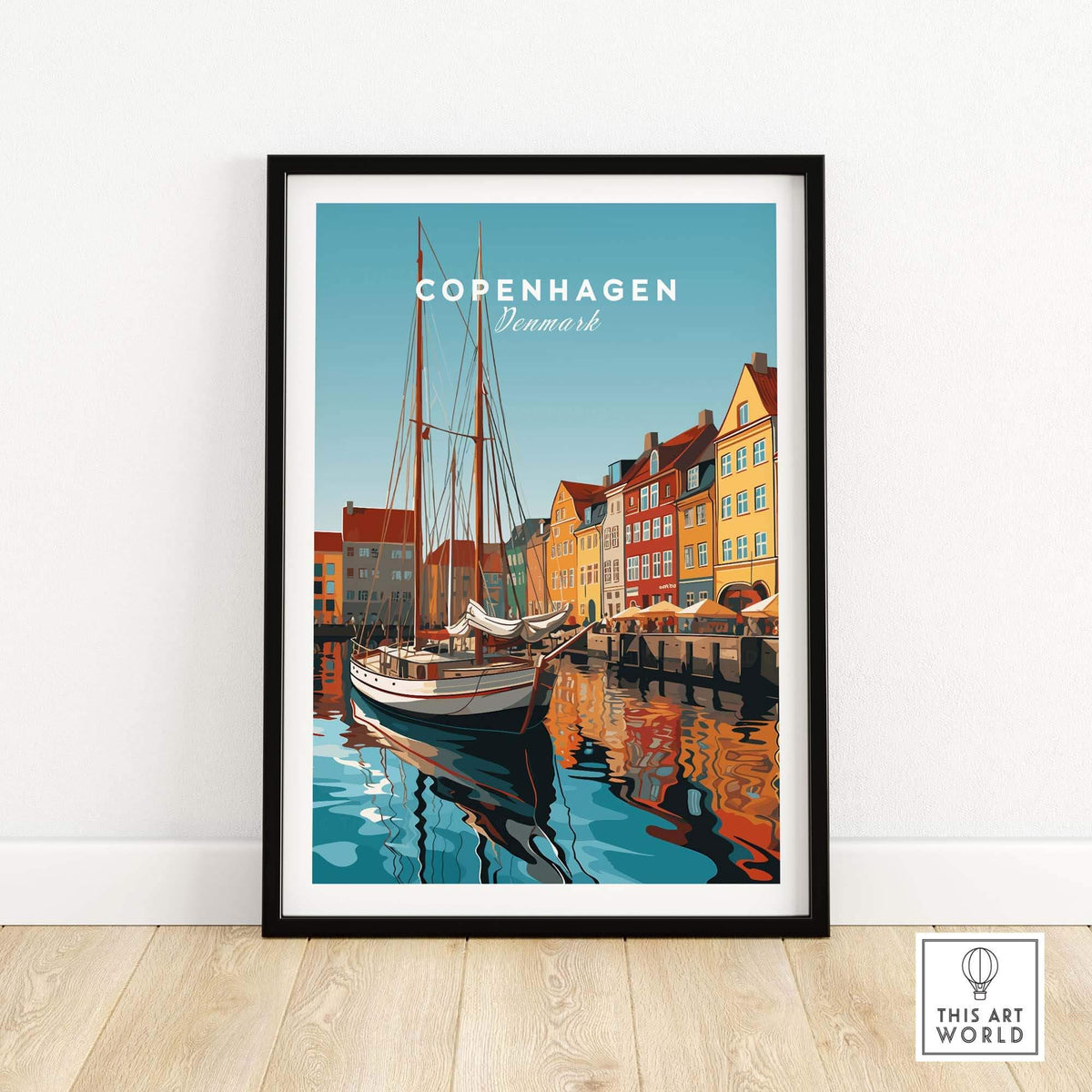 Copenhagen travel poster print featuring colorful buildings and a boat reflected in the water, perfect for home décor.
