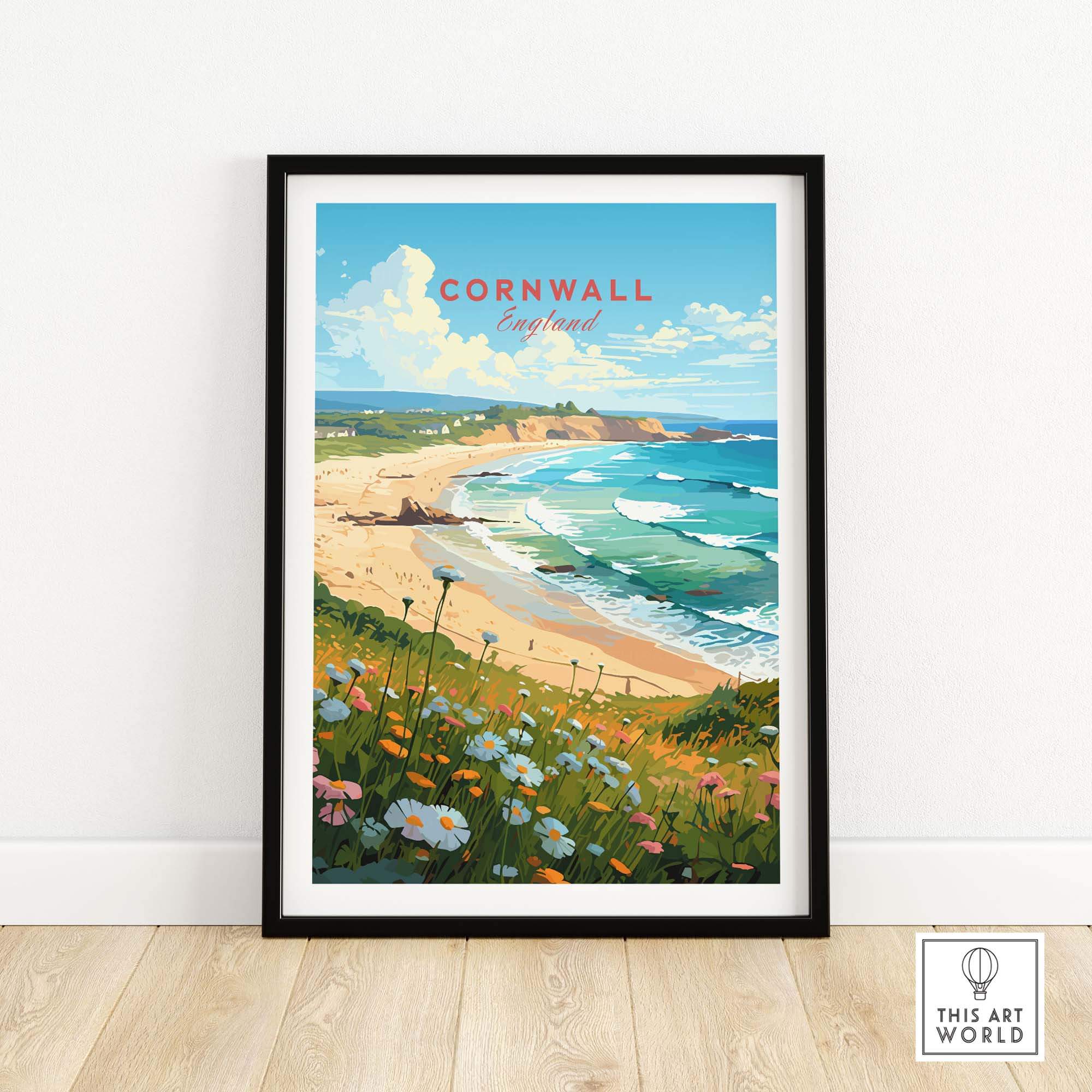 Cornwall art print showcasing a serene beach scene in England with vibrant flowers in the foreground.