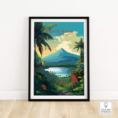 Vibrant Costa Rica print featuring Arenal Volcano and tropical landscapes, perfect for home decor. Central America wall art.