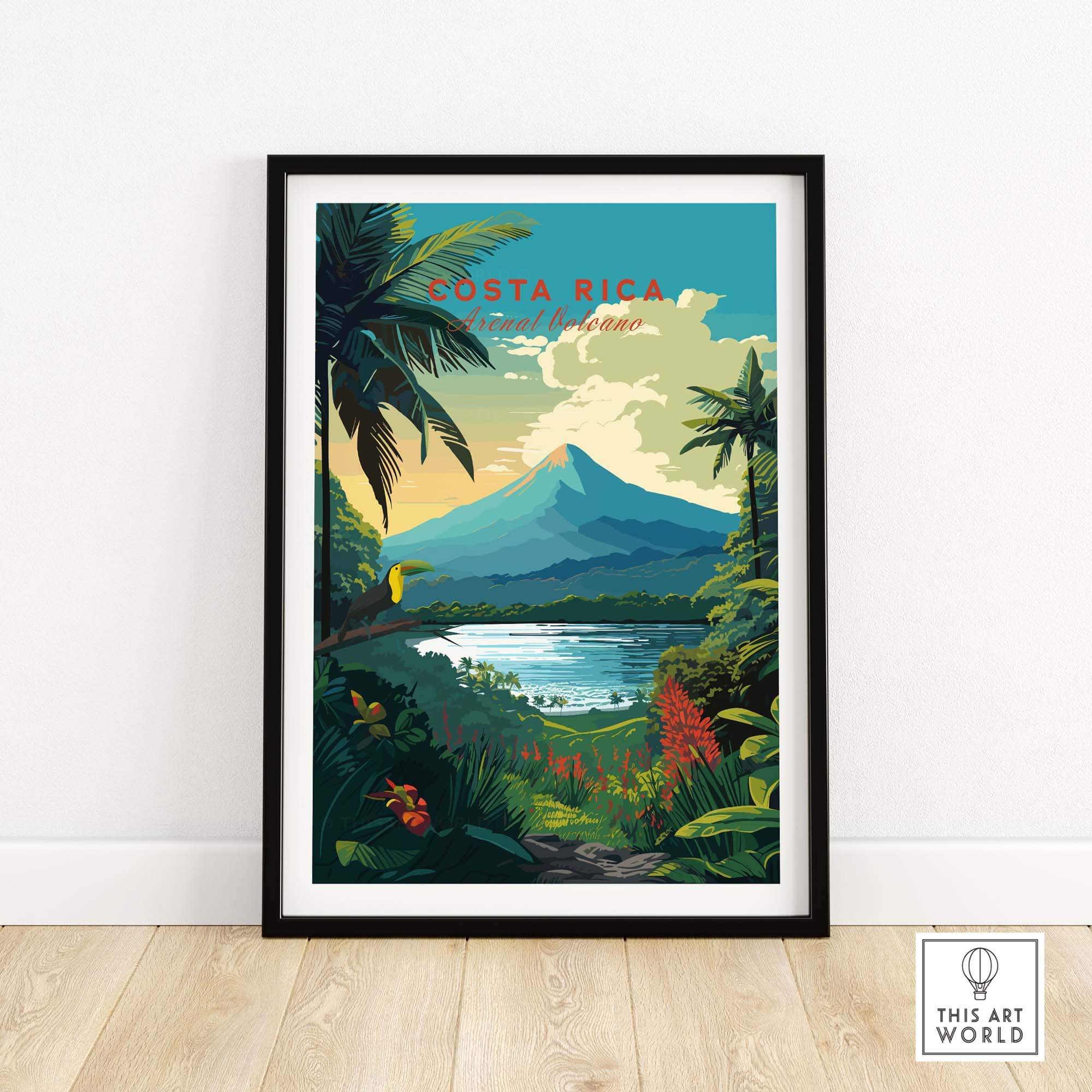 Vibrant Costa Rica print featuring Arenal Volcano and tropical landscapes, perfect for home decor. Central America wall art.