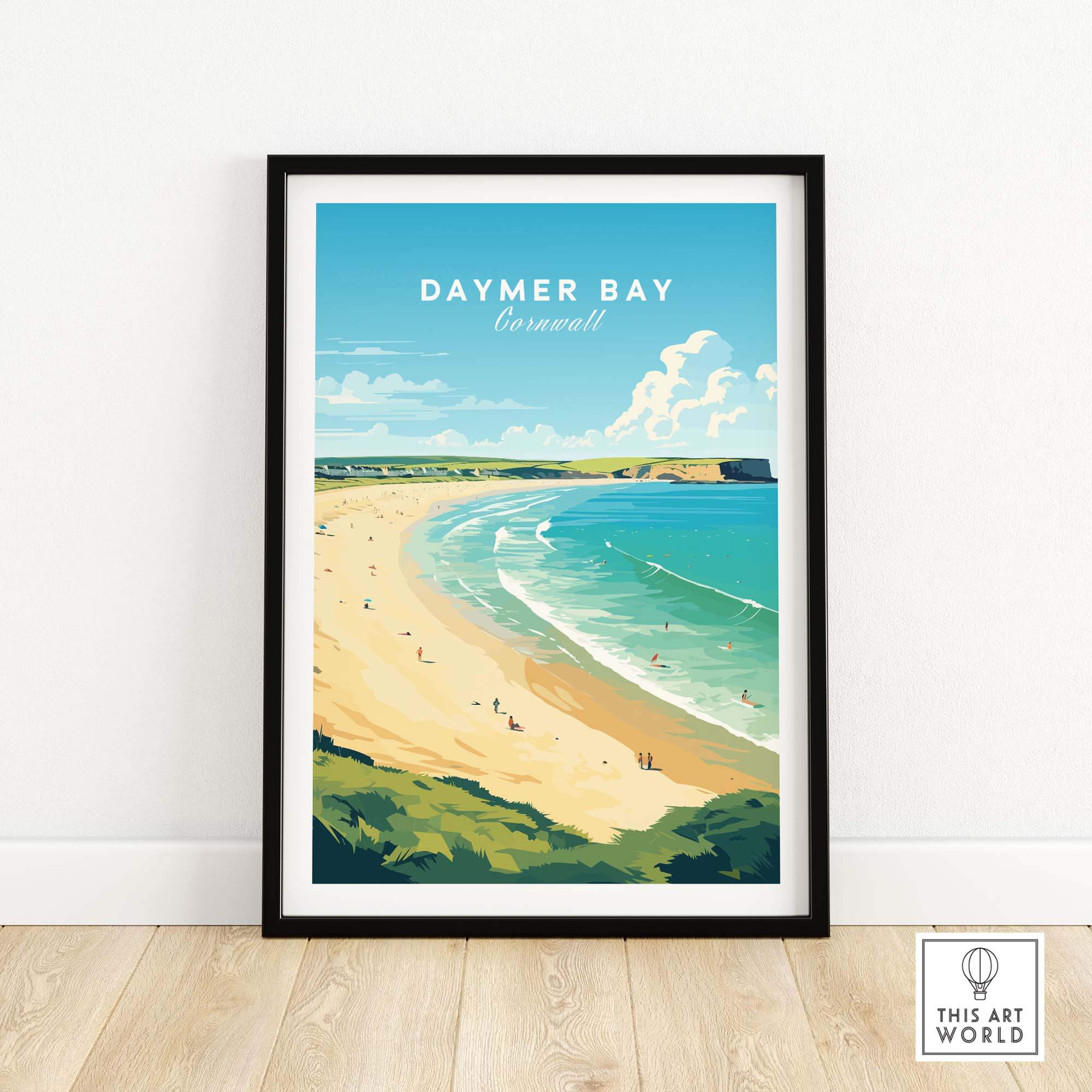 Daymer Bay Cornwall Print featuring serene coastal landscape and sandy beach wall art.