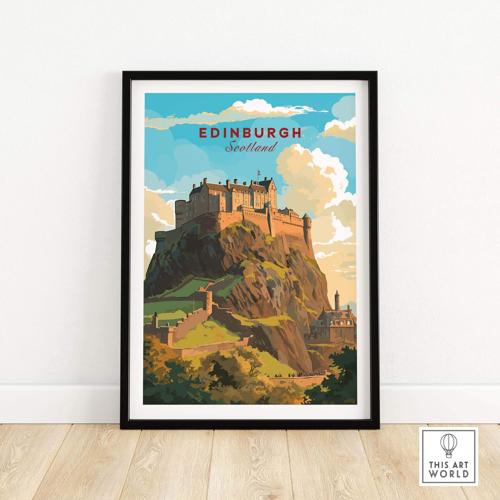 Edinburgh Poster Print showcasing Edinburgh Castle in a colorful design, perfect for travel enthusiasts.