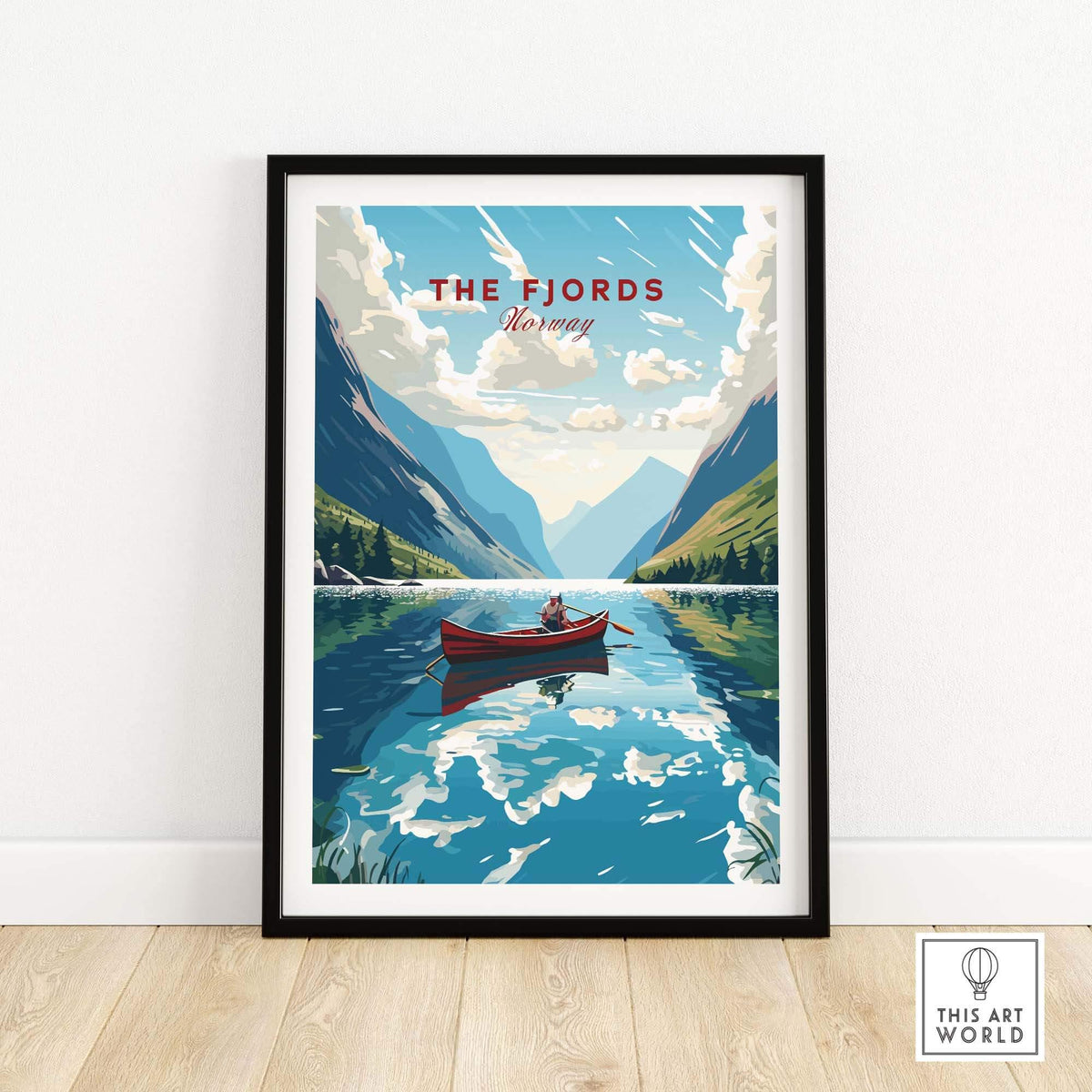 Framed art print of Norwegian fjords with a boat on calm waters, showcasing the beauty of Norway's natural landscape.