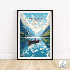 Framed art print of Norwegian fjords with a boat on calm waters, showcasing the beauty of Norway's natural landscape.