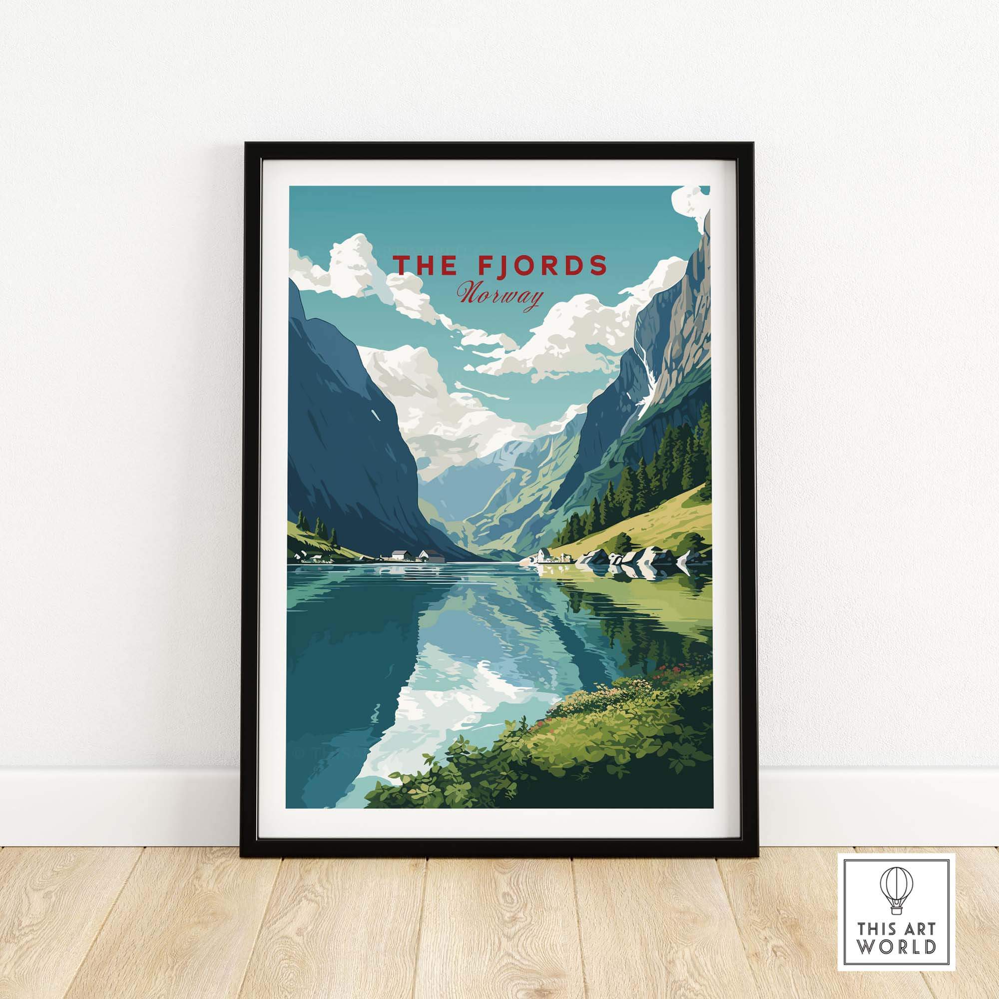 Norway Fjords travel poster featuring stunning landscape art with mountains and a serene lake, perfect for home decor.