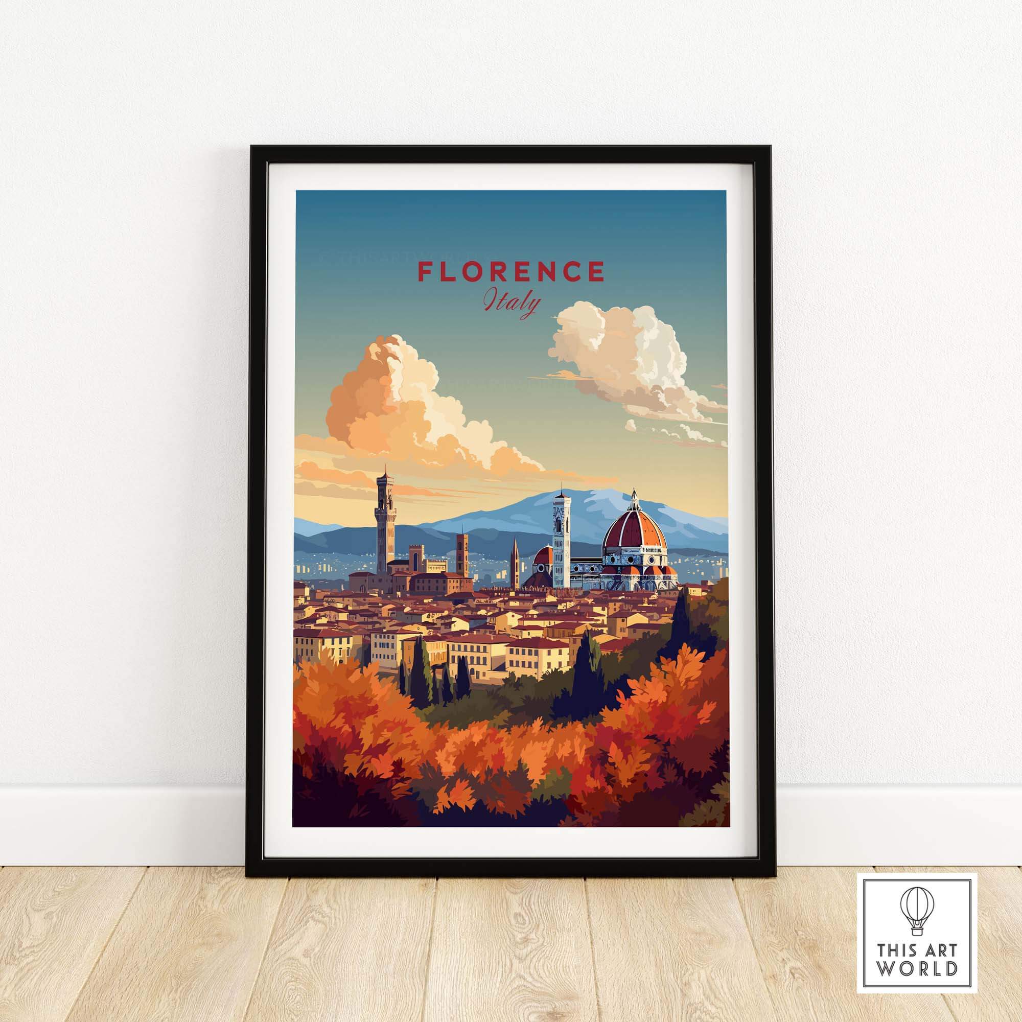 Florence Italy art print showcasing Cathedral of Santa Maria del Fiore with vibrant Tuscany landscape.