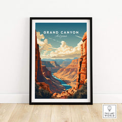 Grand Canyon poster featuring vibrant Arizona landscape, showcasing rugged cliffs and a flowing river, perfect for home decor.