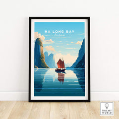Ha Long Bay poster featuring a Junk Boat sailing through turquoise water, ideal for home decor and travel memories.