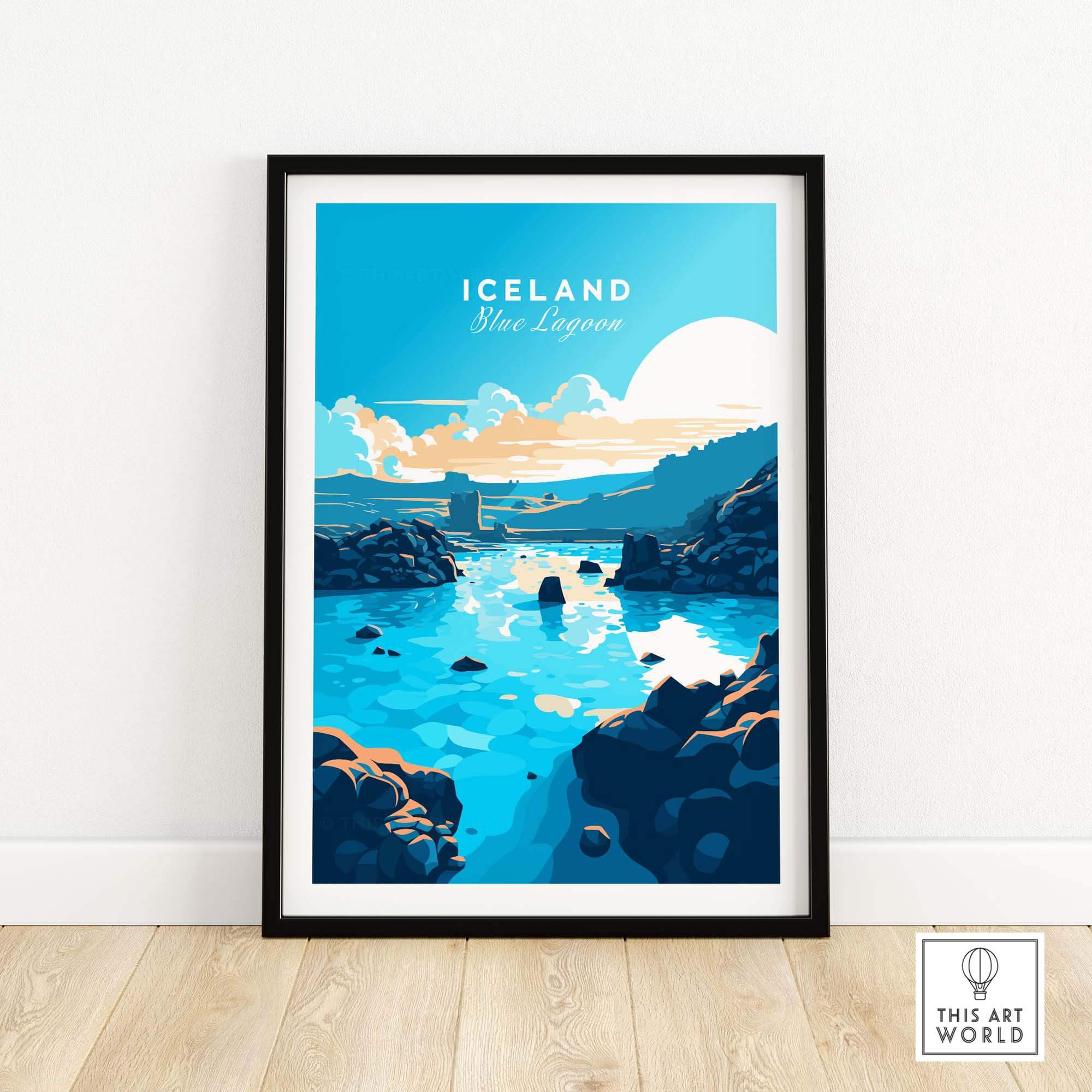 Blue Lagoon Iceland poster featuring a serene landscape with blue waters and rocky shores, perfect for home décor.