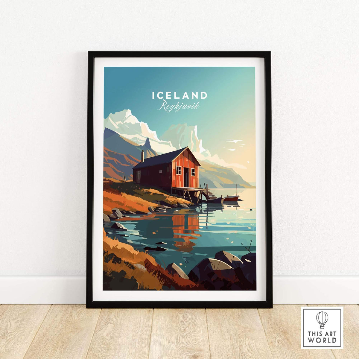 Iceland Poster Reykjavik showcasing a scenic landscape with a red cabin by the water, perfect for home decor.