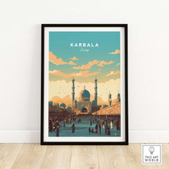Karbala Iraq travel poster print showcasing the city's vibrant architecture and cultural beauty.