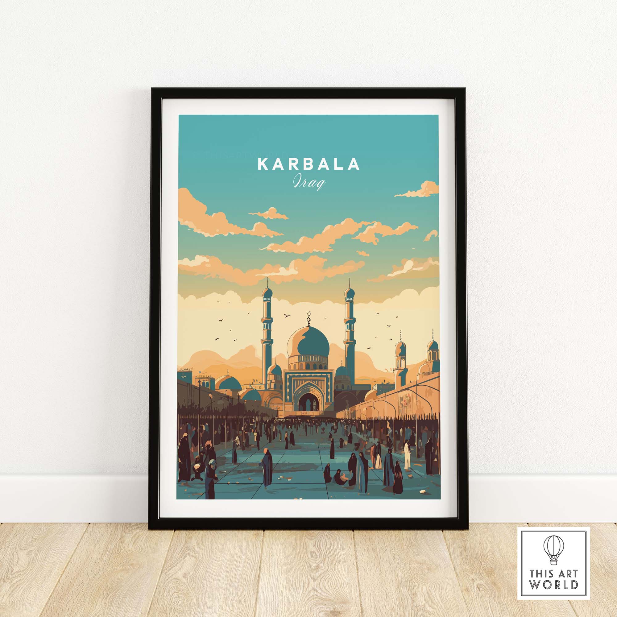 Karbala Iraq travel poster print showcasing the city's vibrant architecture and cultural beauty.