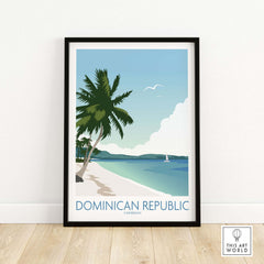 Stylish Dominican Republic wall art print featuring a beach scene with palm trees and sailboat, perfect for home decor.