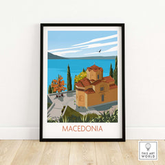 Macedonia wall art print featuring a scenic view of a church by a lake surrounded by greenery.