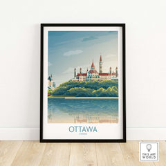 Ottawa wall art print showcasing iconic buildings and reflections over water, perfect for home or office decor.
