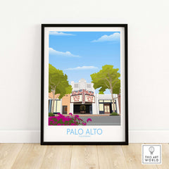 Palo Alto Wall Art Print featuring the historic Palo Alto Theatre surrounded by trees and vibrant flowers.