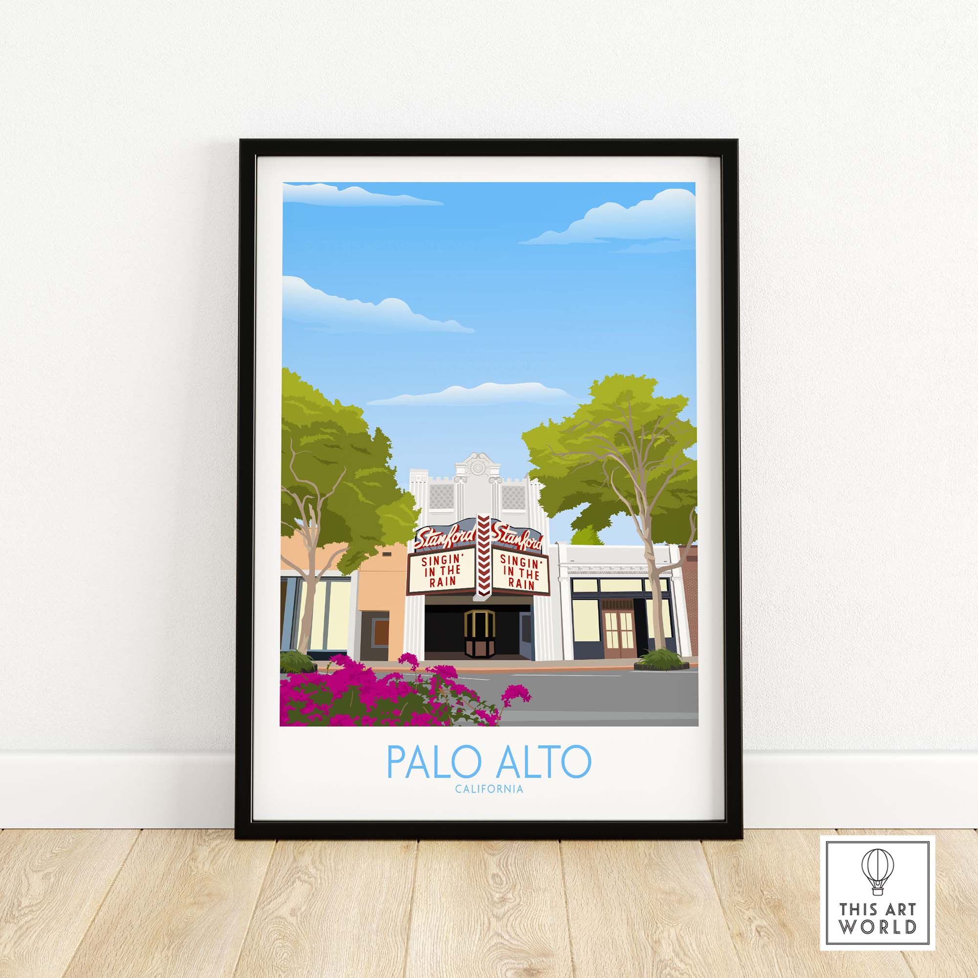 Palo Alto Wall Art Print featuring the historic Palo Alto Theatre surrounded by trees and vibrant flowers.