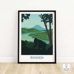 Rwanda Mountain Gorilla wall art print featuring vibrant landscape and wildlife design, ideal for home décor.