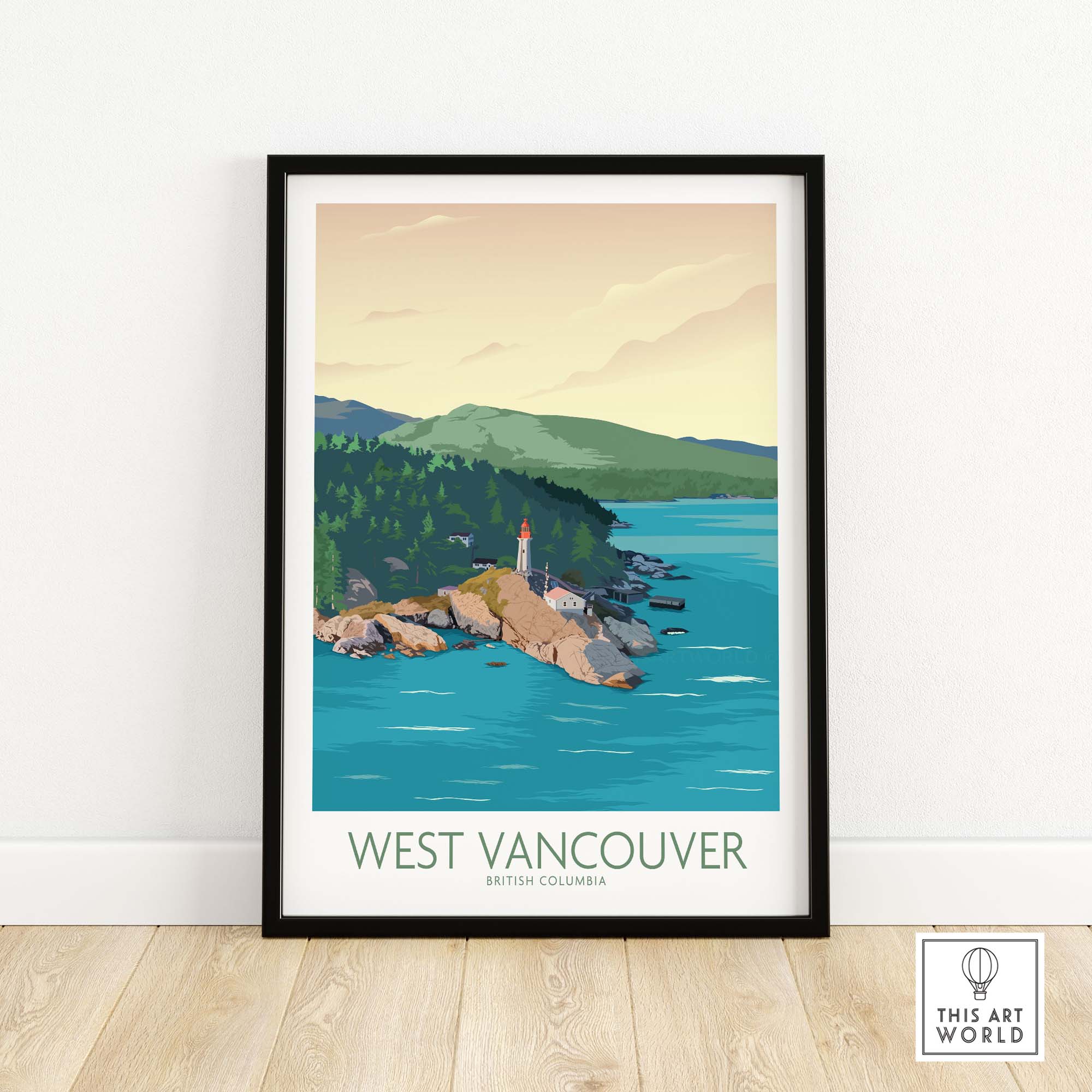 West Vancouver Wall Art Print featuring a lighthouse and lush nature in British Columbia, perfect home decor.