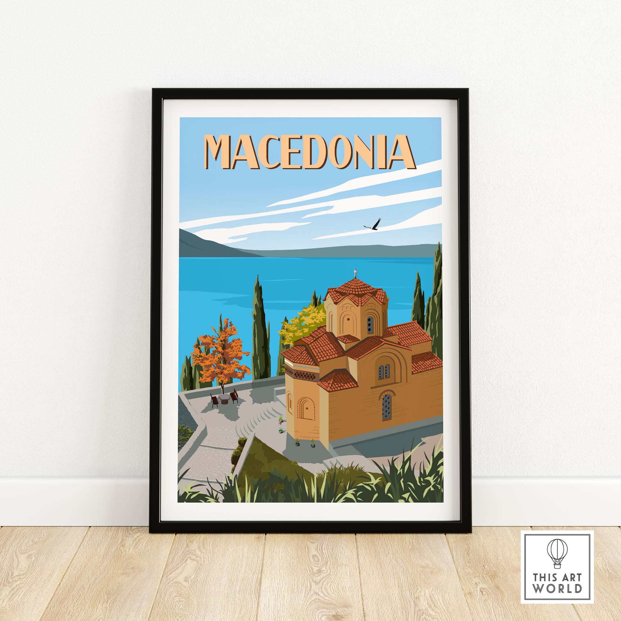 Vibrant Macedonia travel poster print featuring a scenic view of a church and lake, perfect for stylish home decor.