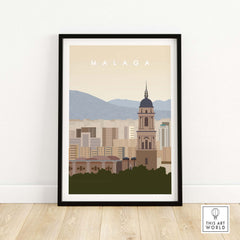 Minimalist Malaga travel poster print showcasing iconic architecture and mountains, perfect for home decor.