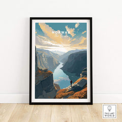 Fjord Wall Art Print featuring majestic Norwegian fjord scenery with a lone hiker in a stunning landscape.