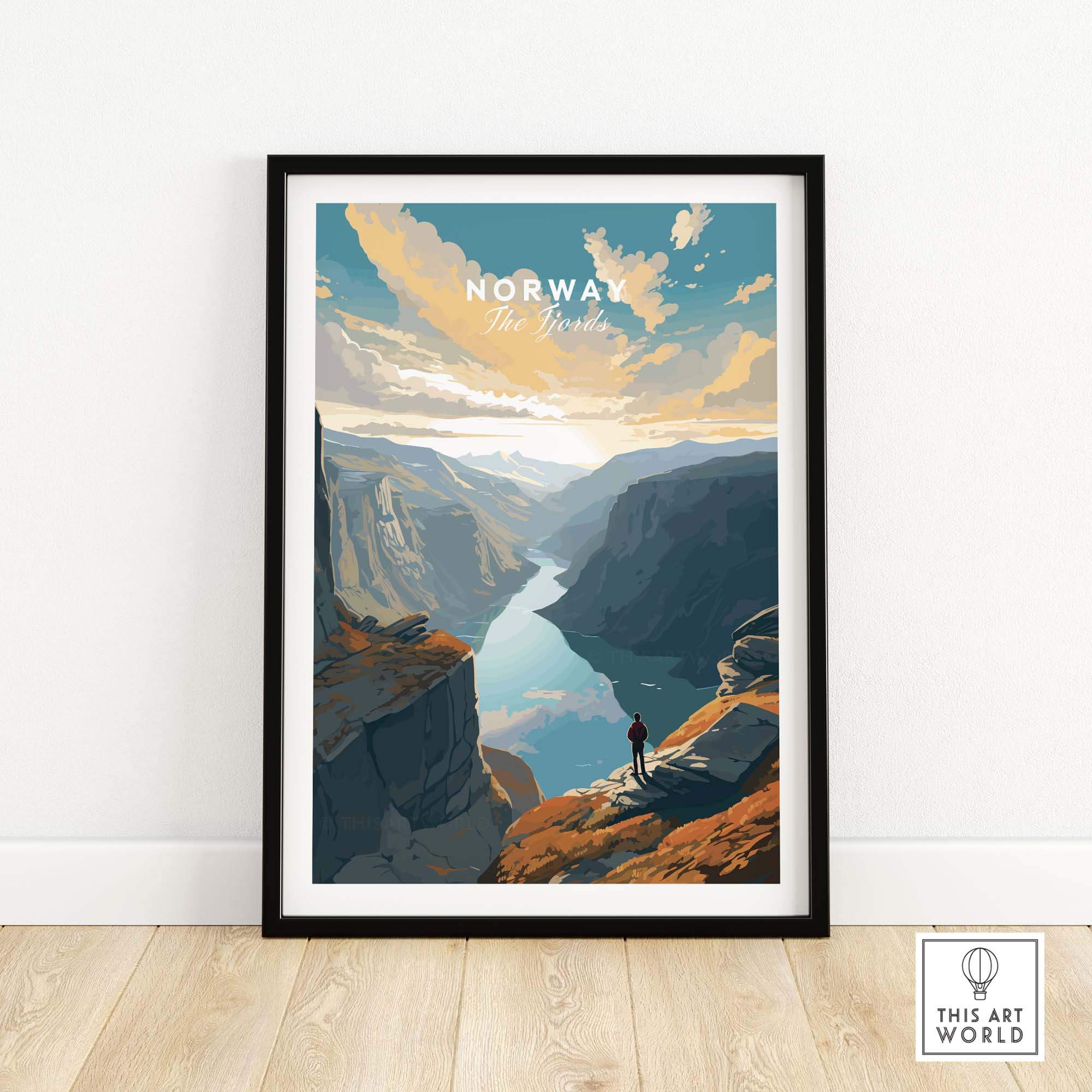 Fjord Wall Art Print featuring majestic Norwegian fjord scenery with a lone hiker in a stunning landscape.