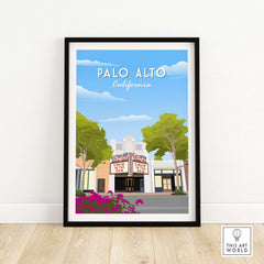 Palo Alto California travel poster print featuring the iconic Stanford theatre and vibrant greenery.