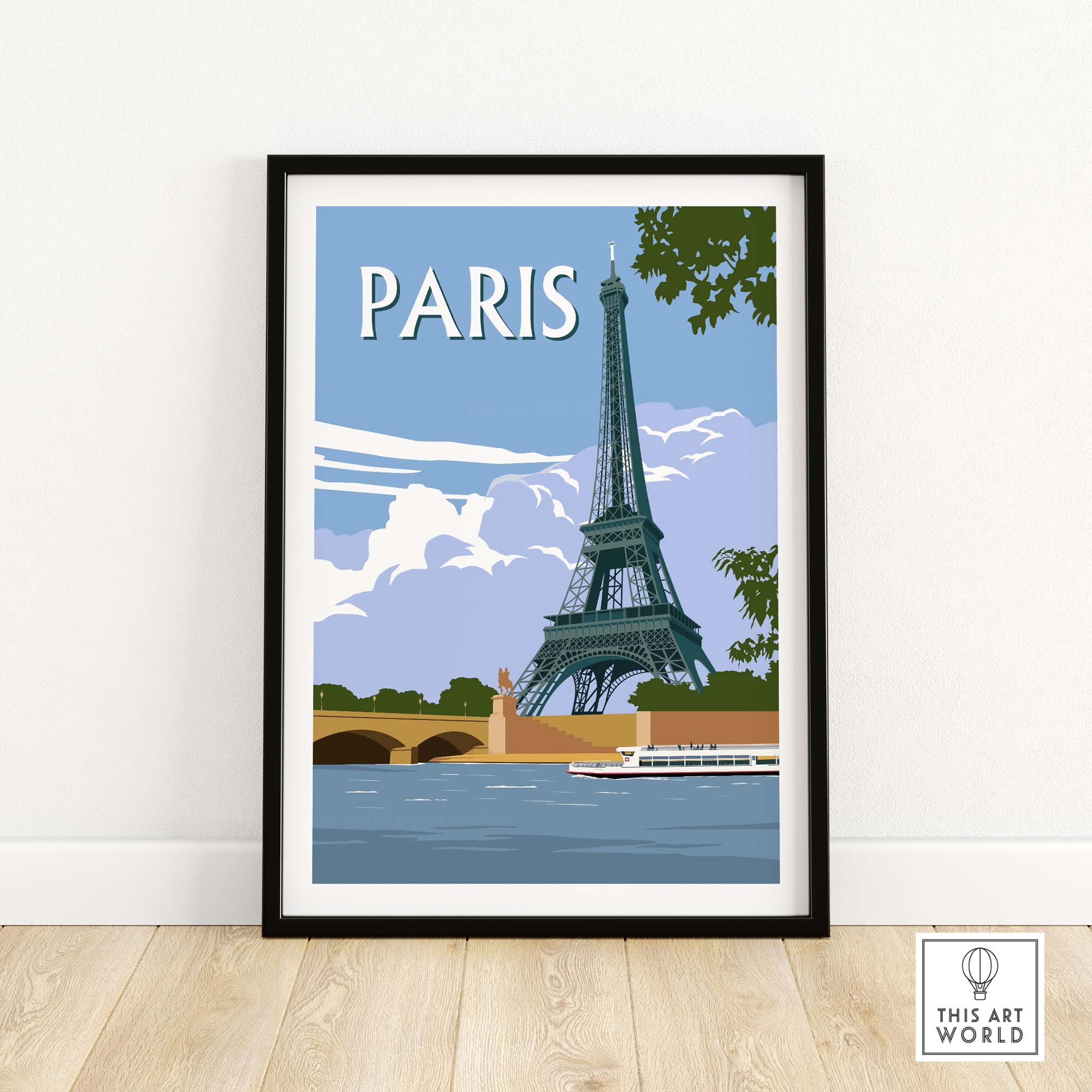 Eiffel Tower Paris travel poster print framed art showcasing iconic landmark and scenic river view. Perfect for home decor.