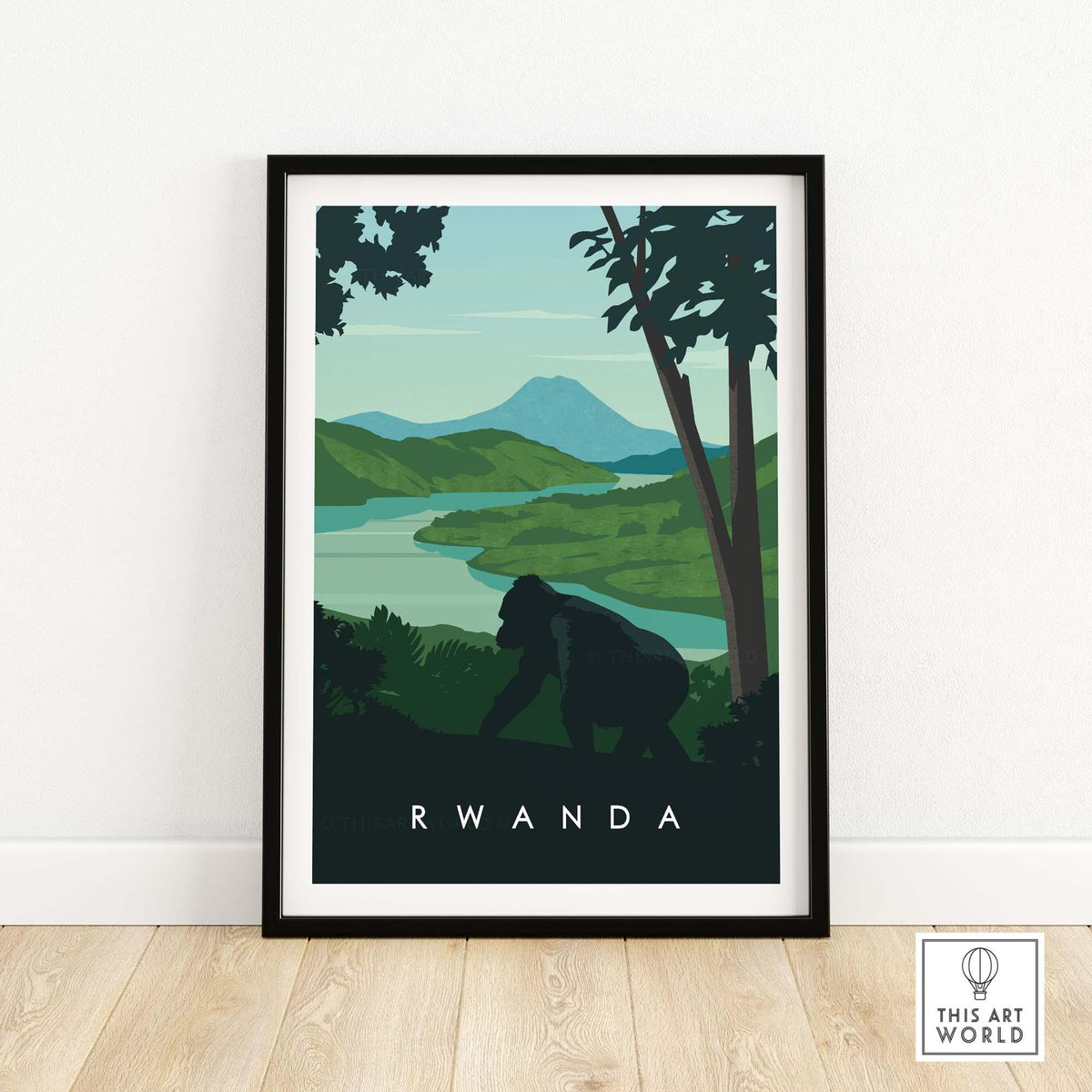 Rwanda travel poster print featuring mountain gorillas and lush landscapes, perfect for safari-inspired decor.