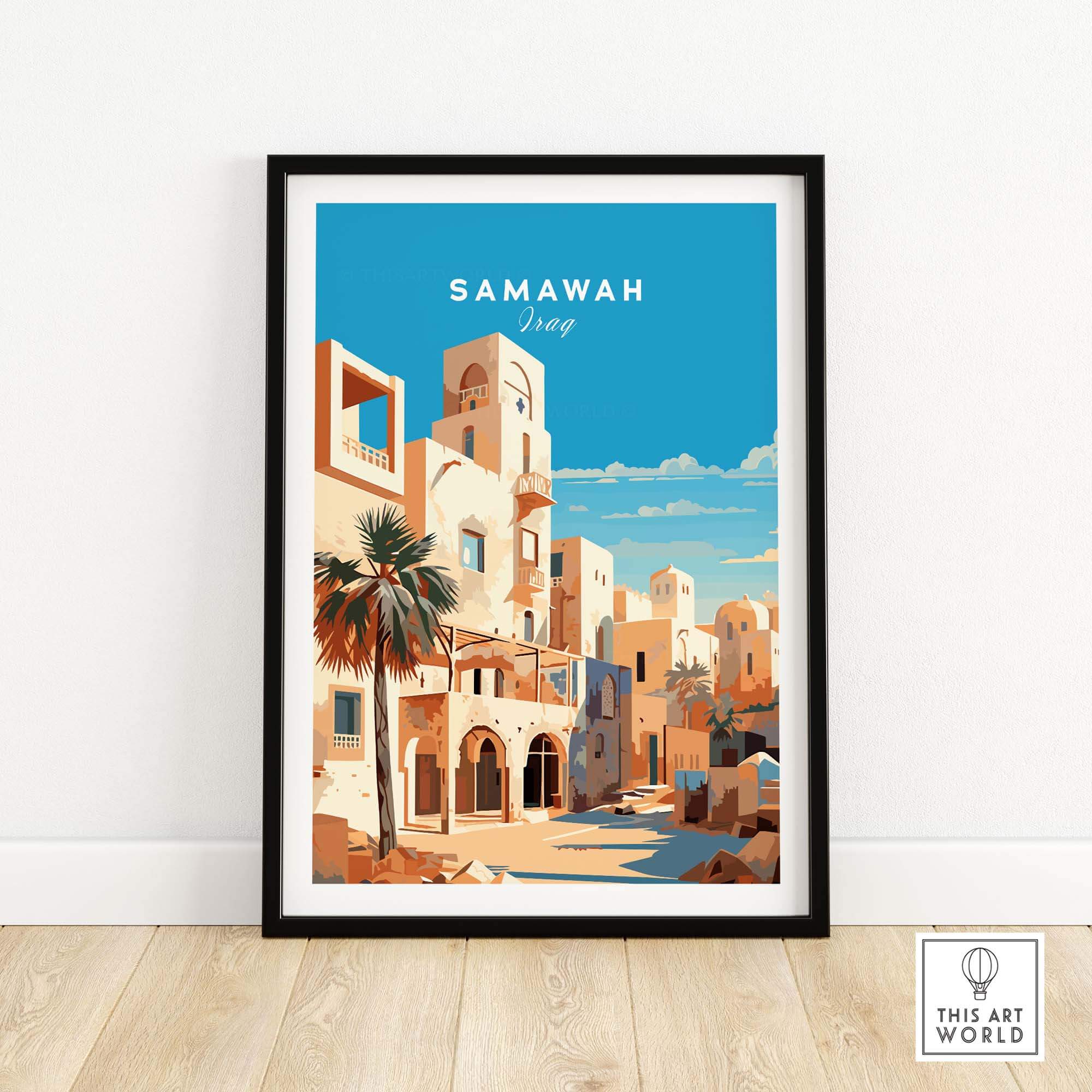 Samawah Iraq travel poster print featuring traditional Middle Eastern architecture and vibrant colors.