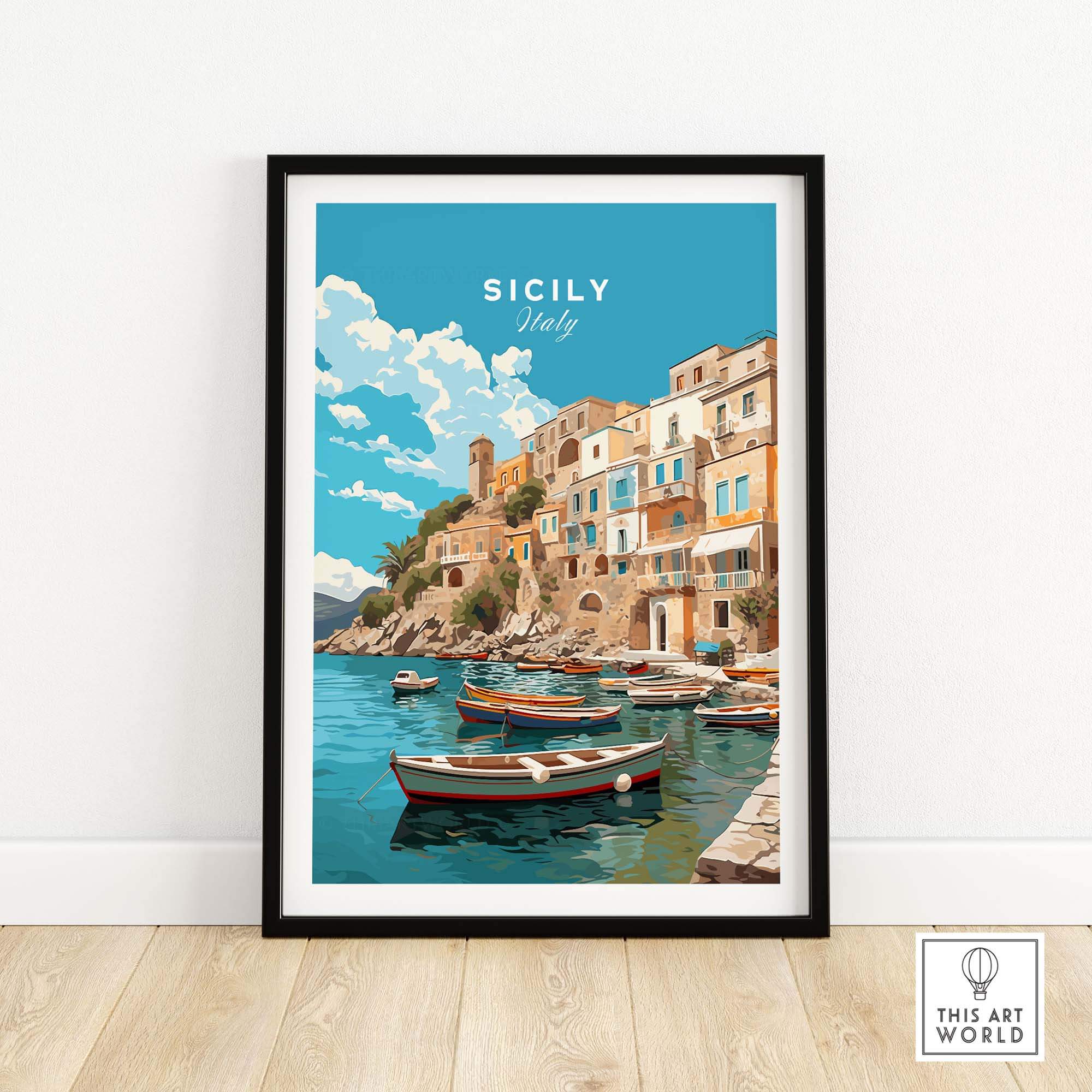Sicily Wall Art Print featuring colorful boats and coastal buildings in a vibrant Italian landscape.
