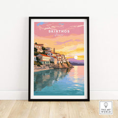Skiathos Greece travel poster print featuring vibrant coastal scenery and sunset reflections.