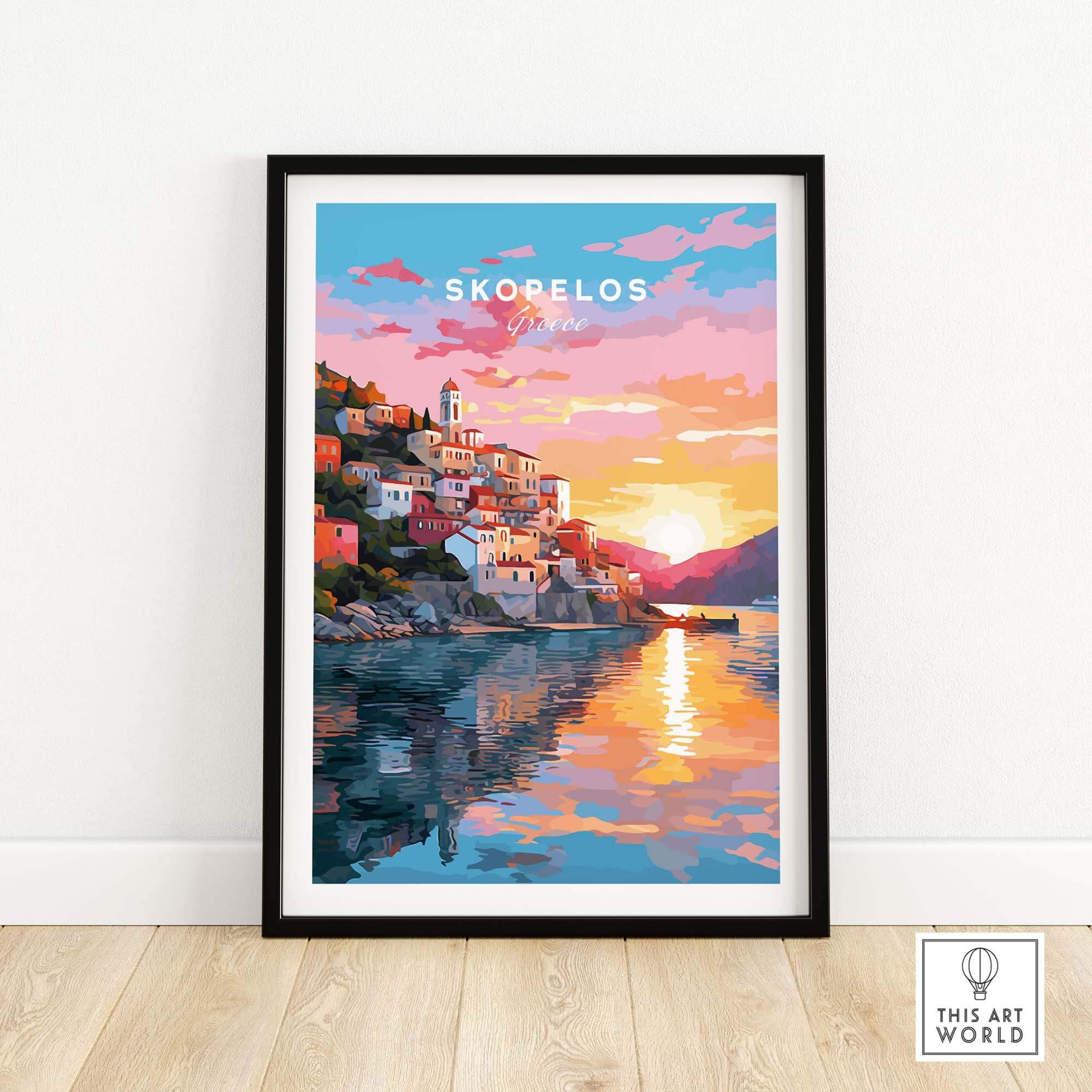 Skopelos Greece travel poster print featuring colorful sunset and coastal village reflections.