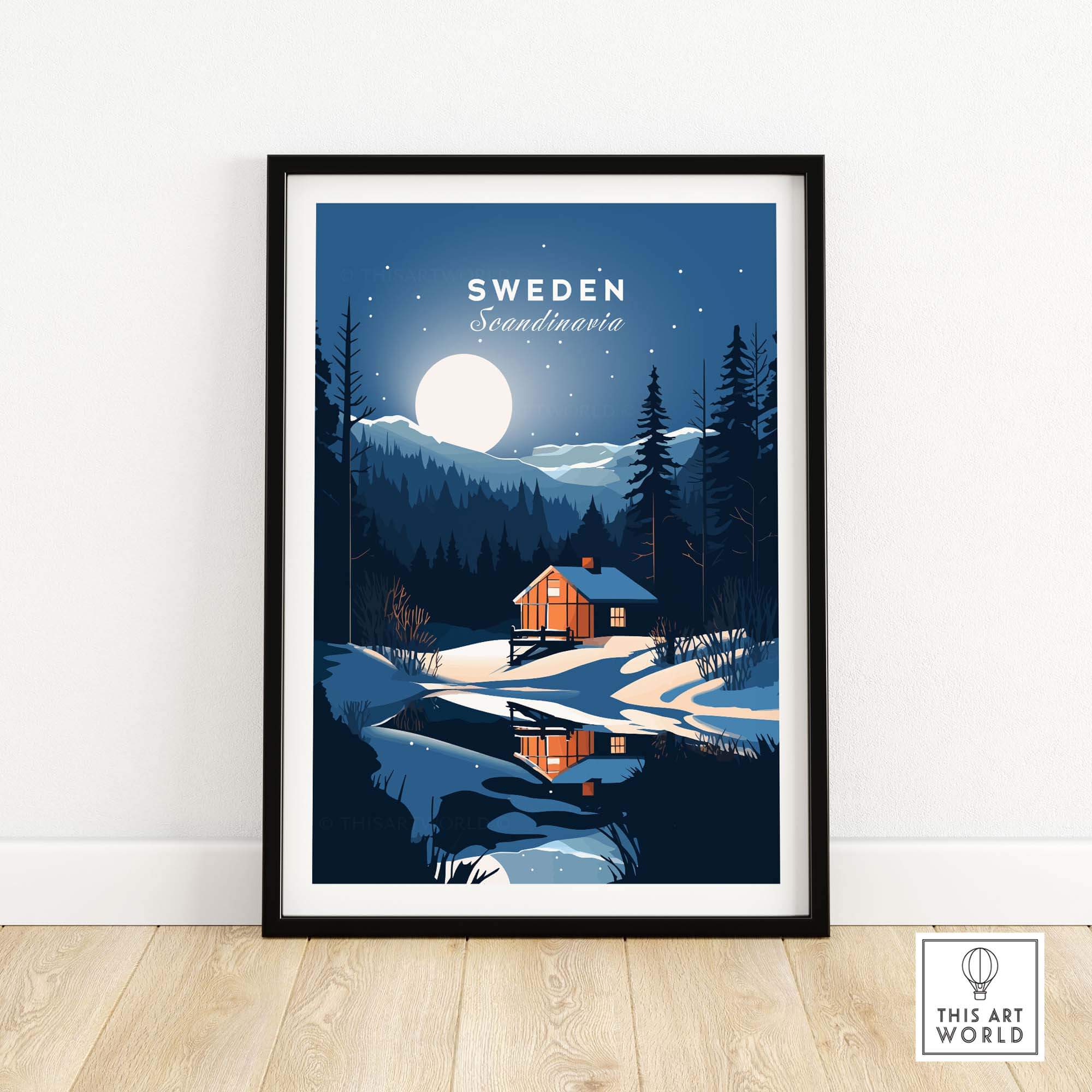 Framed Sweden art print featuring a cabin, mountains, and moonlight, perfect for Scandinavian home decor.