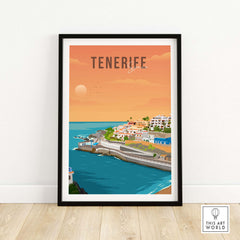 Tenerife Spain travel poster print featuring coastal views and vibrant sunset colors.