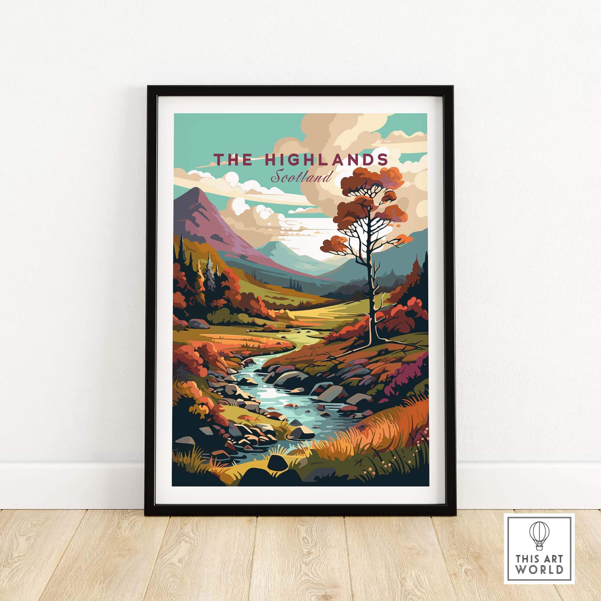 Scottish Highlands wall art featuring vibrant scenery, mountains, and a flowing river in a stylish framed print.